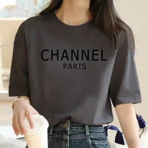 Luxury Brand Machine Washable Womens Casual Elegant Fashion CHANNEL Graphic T-shirt O-Neck Short Sleeve Top Women's Clothing