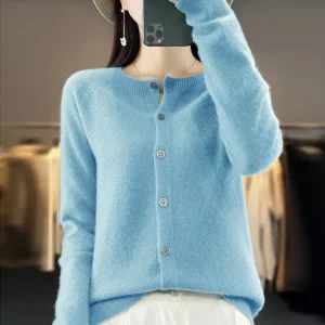 Fashion Women 100% Merino Wool Cardigans Cashmere Sweater Autumn Winter O-neck Long Sleeve Knitwear Female Basic Clothing Tops
