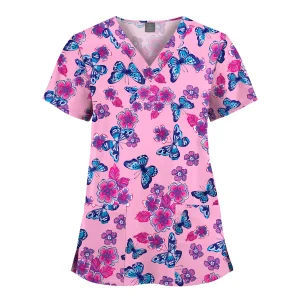 Wholesale Polyester Spandex Uniforms Beautiful Hospital Scrubs Tops Women Nurse Printed Scrub Top Healthcare Nursing Scrub Shirt