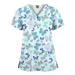 Wholesale Polyester Spandex Uniforms Beautiful Hospital Scrubs Tops Women Nurse Printed Scrub Top Healthcare Nursing Scrub Shirt