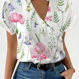 Elegant Blouse Printed Short Sleeve Shirts 2024 Summer Office Lady Cross V-Neck Flower Shirt S-XXL