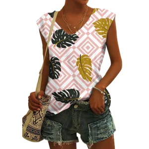 Women's Basic T-shirts Blue Flower Printed Breathable V Neck Cap Sleeves Tank Tops Vintage Summer Beach Loose Fit Tees Tops