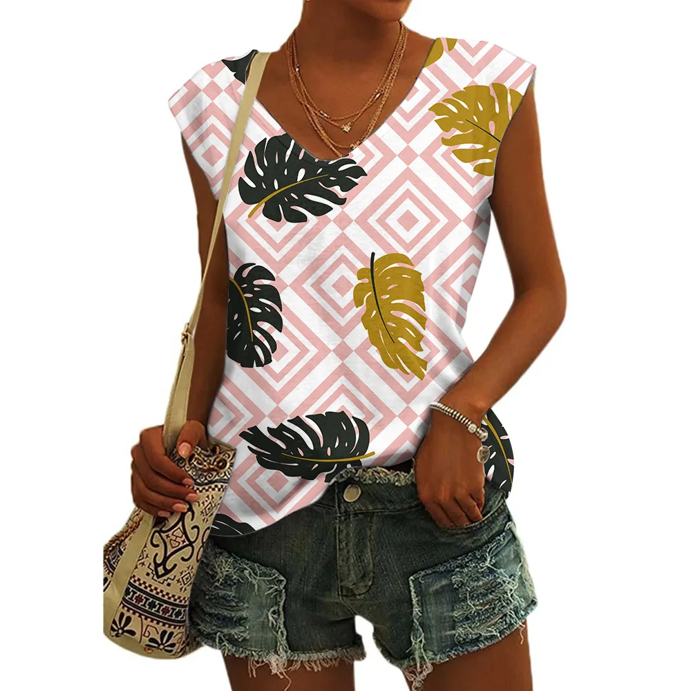 Women's Basic T-shirts Blue Flower Printed Breathable V Neck Cap Sleeves Tank Tops Vintage Summer Beach Loose Fit Tees Tops - Image 14