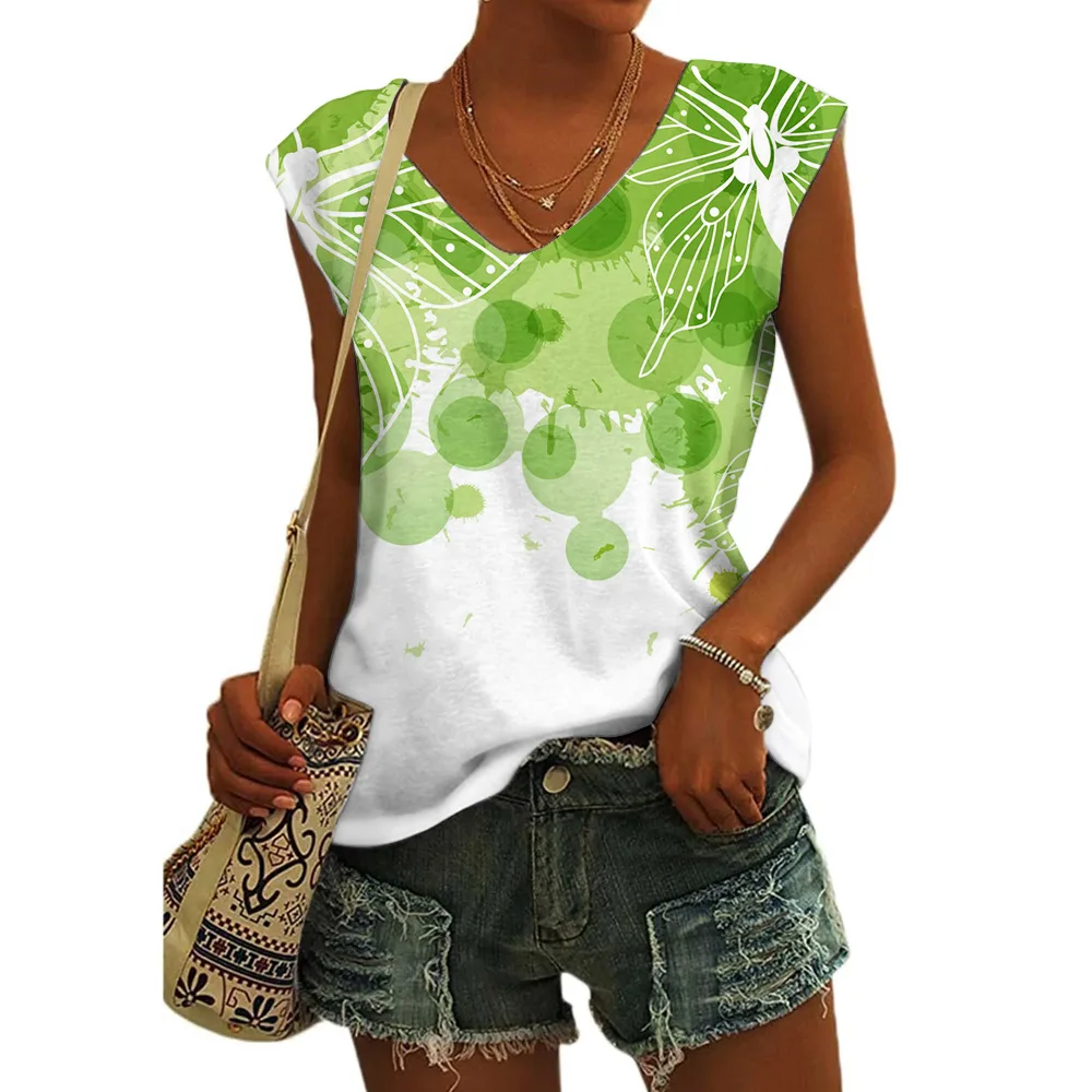 Women's Basic T-shirts Blue Flower Printed Breathable V Neck Cap Sleeves Tank Tops Vintage Summer Beach Loose Fit Tees Tops - Image 12