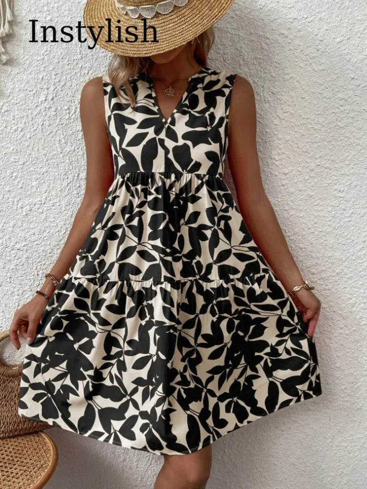 Women Boho Print Mini Dress Summer Elegant Sleeveless V Neck Ruffle A Line Tank Dress Casual Loose Oversize Beach Party Sundress - الصورة 4