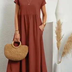 Women Vintage Solid Dress 2023 Summer Elegant O Neck Short Sleeve Cotton Linen Dresses Female Casual Loose Sundress Long Dress