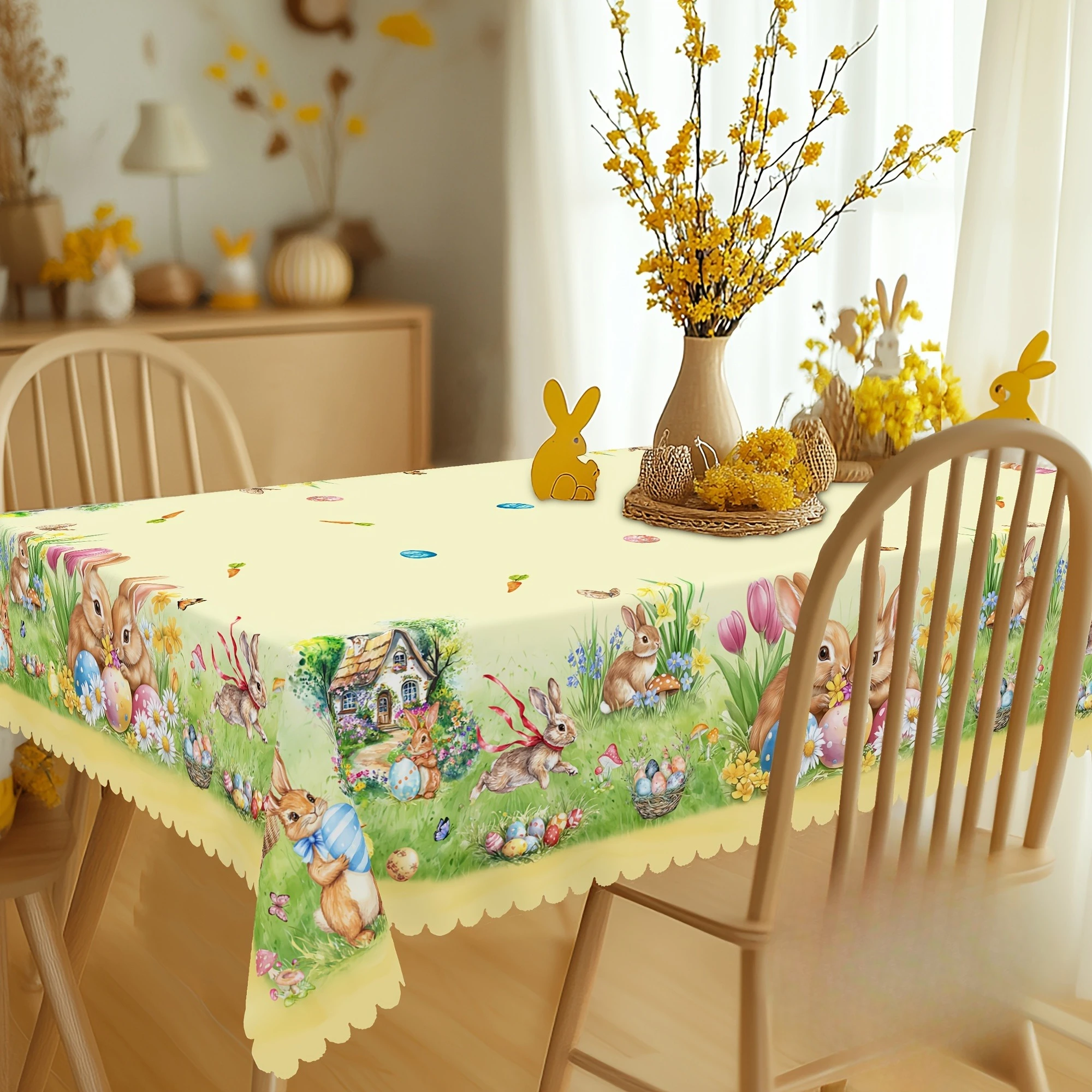 Easter Bunny Eggs Flowers Tablecloth for Table Decor Spring Tulip Daisy Floral Rectangle Dining Table Cloth Easter Decorations - Image 5