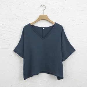 Muslin 100% Cotton Short Sleeve Tee Sexy V-Neck Oversized T-Shirt Streetwear Top Shirts And Blouse Lady Pulovers Camisetas