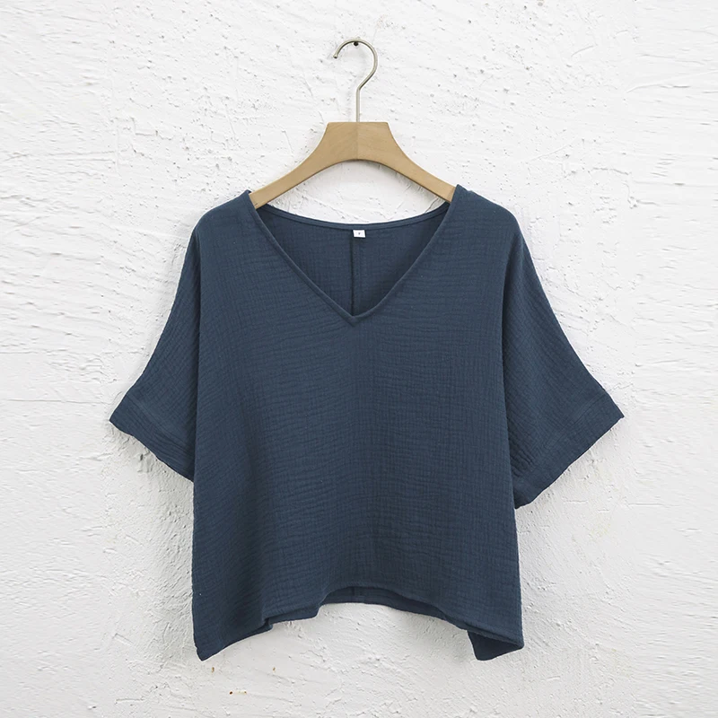 Muslin 100% Cotton Short Sleeve Tee Sexy V-Neck Oversized T-Shirt Streetwear Top Shirts And Blouse Lady Pulovers Camisetas - الصورة 10