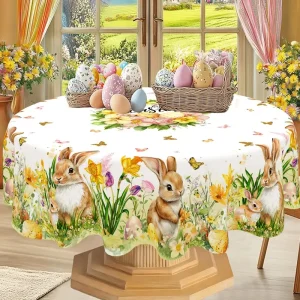 Spring Floral Easter Tablecloth Bunny Eggs Garden Tablecloth Rustic Easter Decorations for Home 2026 Kitchen Dining Table Cover