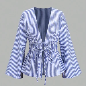 Striped Tie Bow Puff Sleeve Shirt