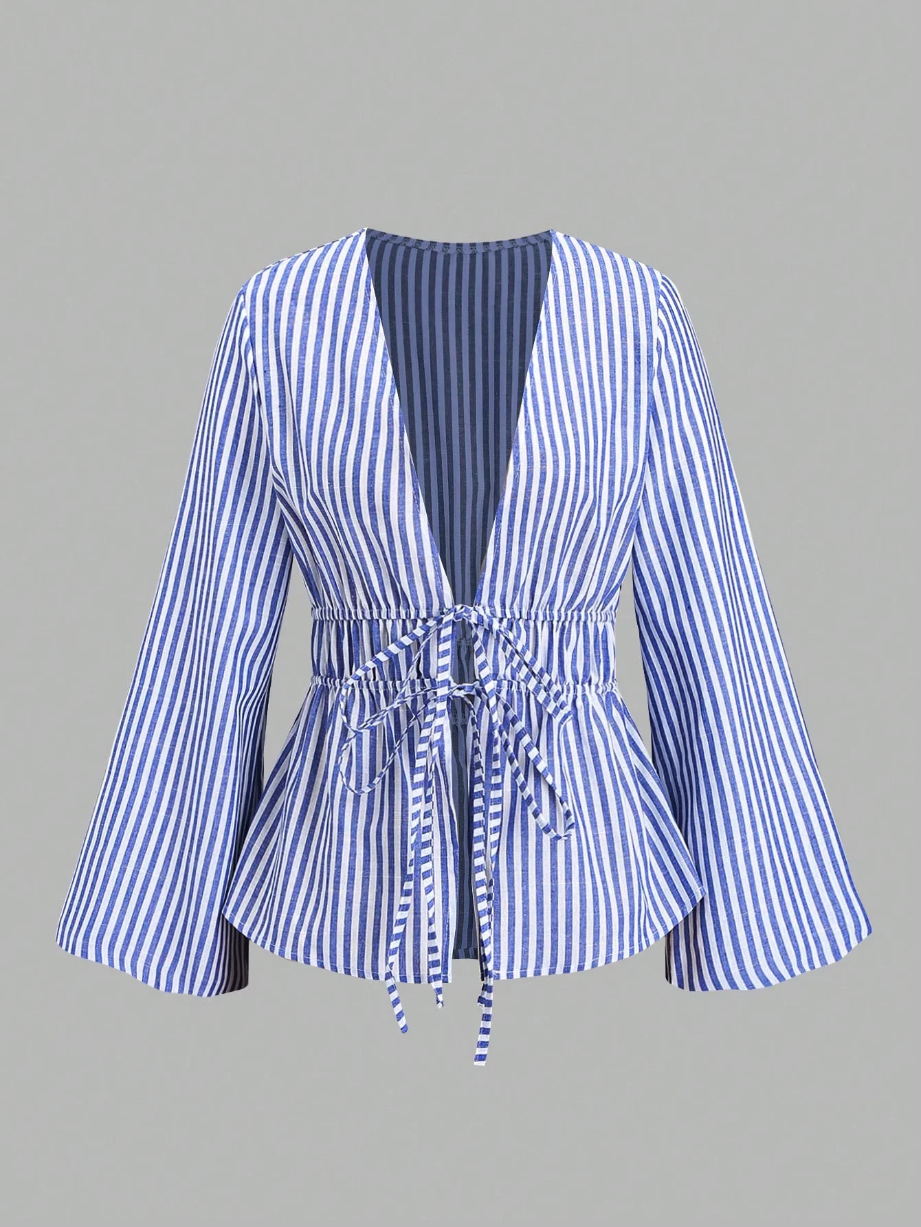 Striped Tie Bow Puff Sleeve Shirt - Image 10