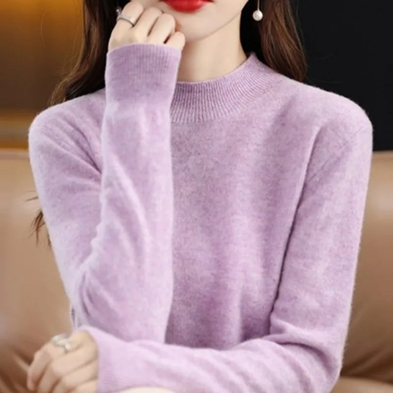 Half High Solid Color Cashmere Sweater For Women Loose Pullover Autumn and Winter Contracted Commuter Basic Knitwear Top Base - الصورة 16