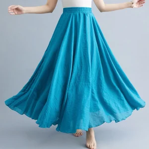 28-Color Mori Girl Literary Cotton Linen Dress Elastic Waist A-line Expansion Skirt Solid Color Ethnic Style Women Long Skirts