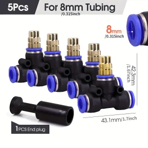 Brass Misting Nozzle with Tee Adapter Adjustable Atomizer Sprayer Outdoor Garden Irrigation Watering 6/8/10/12/14/16mm PE Tubing