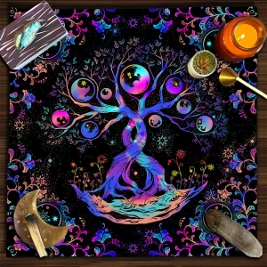 Mysterious Green Tree of Life Tarot Card Tablecloth Wicca Altar Cloth Fantastic Life Tree Tablecloth for Tarot Oracle Card Pad