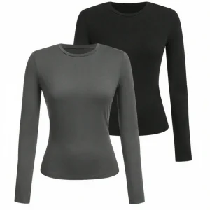 Women's solid-color long-sleeved T-shirt - Polyester knitted fabric, round neck, regular fit, fall-winter style