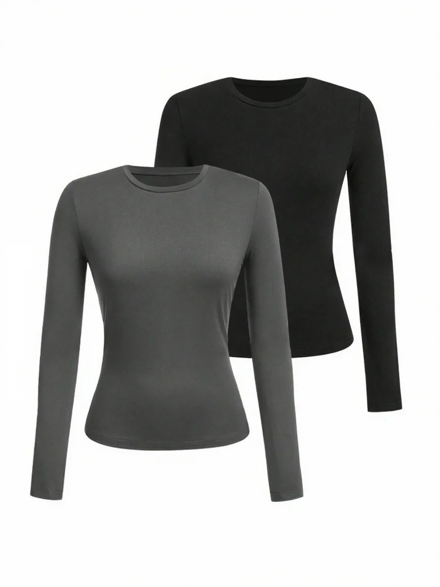 Women's solid-color long-sleeved T-shirt - Polyester knitted fabric, round neck, regular fit, fall-winter style - الصورة 5