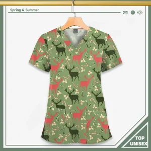 Surgical Uniform Printing Holiday Beautiful Shirt V-neck Style Pocket Design Blouse Surgical Top Woman Men Nurse Medical Uniform
