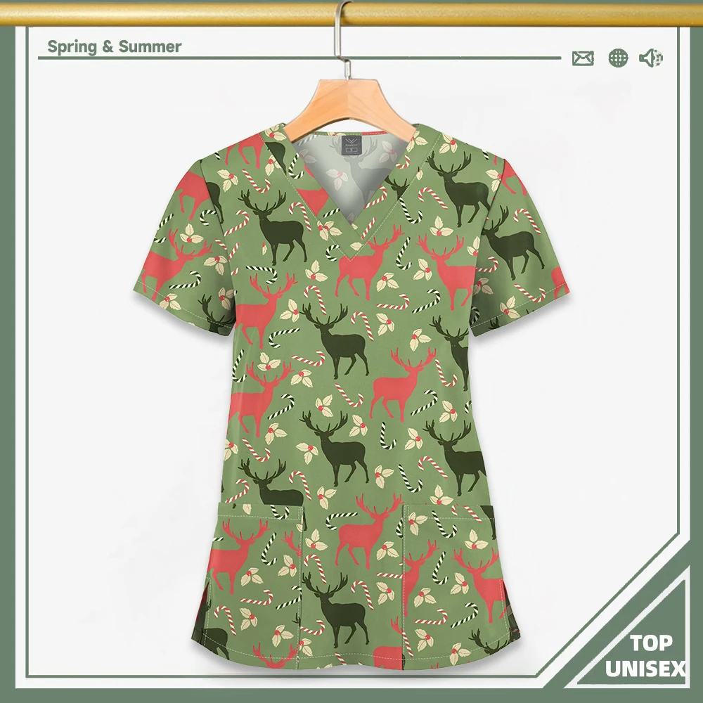 Surgical Uniform Printing Holiday Beautiful Shirt V-neck Style Pocket Design Blouse Surgical Top Woman Men Nurse Medical Uniform - الصورة 28
