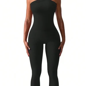 Women Knit One Shoulder Yoga Jumpsuit Solid Color Workout Ribbed Sport Jumpsuits Casual One Piece