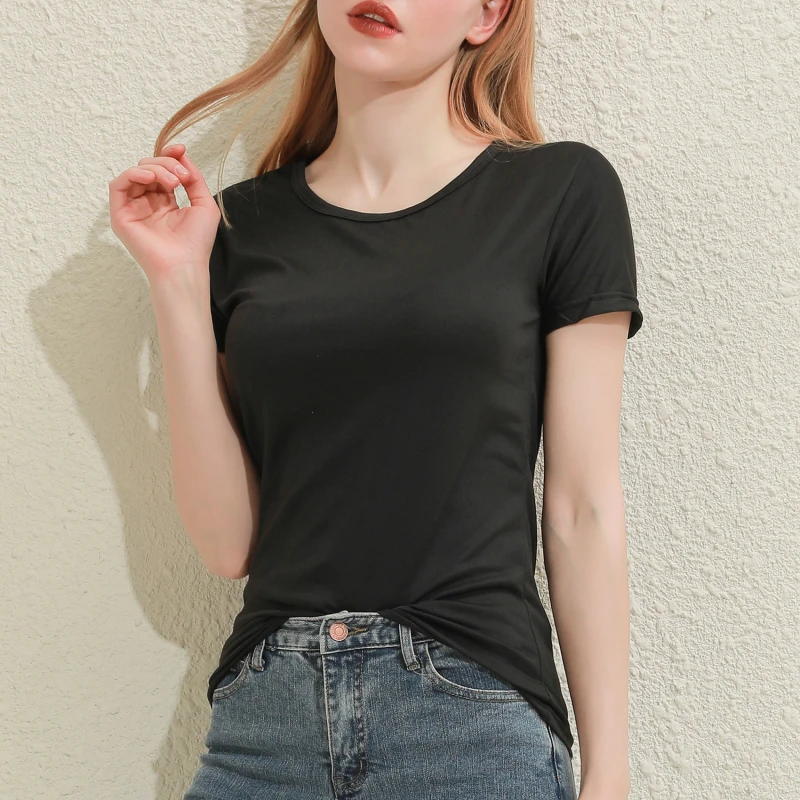 Solid Women Cotton T-shirt V-Neck Short Sleeve Female Tee Slim White And Balck T-Shirt Casual Solid Lady Tshirt Tops - الصورة 10