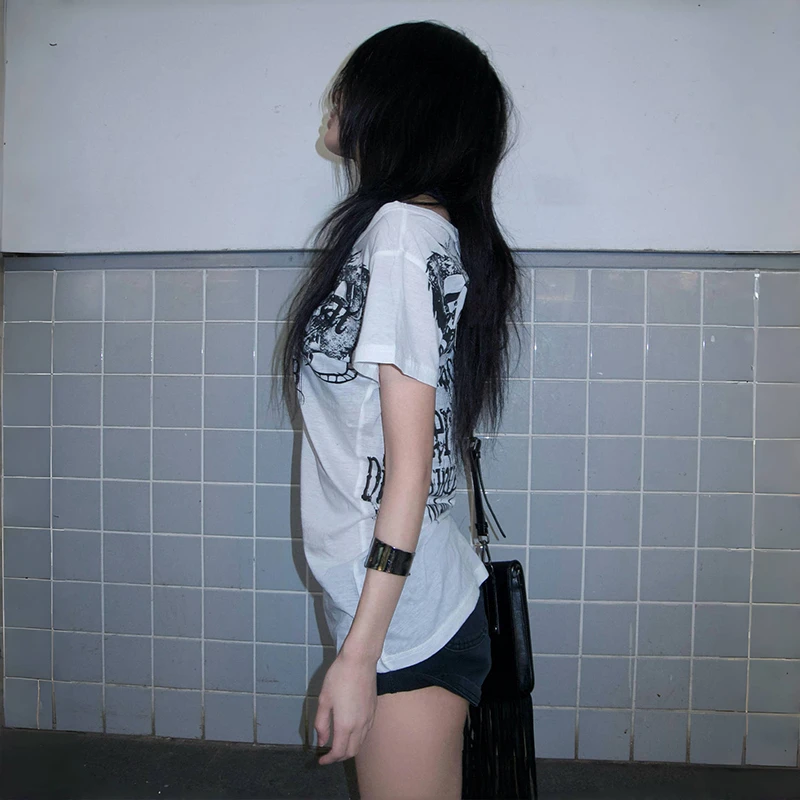 Karrram Japanese Y2k Letter Print T-shirt Trashy 2000s Style Tattoo T Shirt Vintage Harajuku Short Sleeve Sheer Tops Grunge Goth - الصورة 4