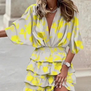 Women's Sport Dress V-Neck Loose Batwing Sleeve Elastic Waist Printed Dress Mini Casual Ruffle Hem Dresses