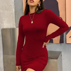 Long Sleeve Slim Bodycon Mini Dress Women Turtleneck Pleated Party Ruched Short Evening Club Outfit Soild Color