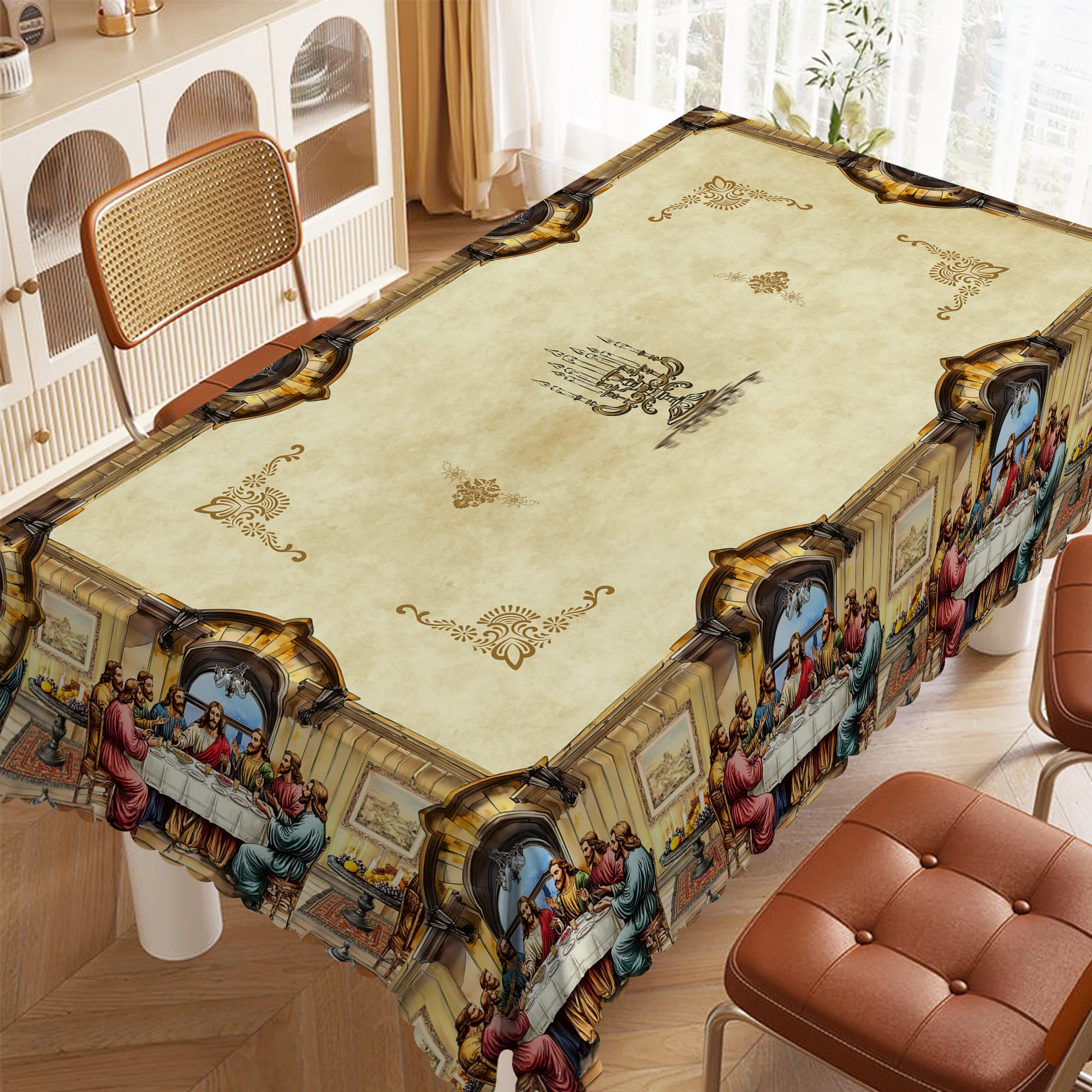 1 Piece, the Last Dinner Theme Tablecloth + 4 Self-Adhesive, Retro Scene Printing, Embossed Edge, Woven Polyester Fabric, Round/Rectangular Tablecloth, for Home Decoration, Kitchen Decoration, Outdoor Garden, Holiday Party, Restaurant Banquet Decoration-Oo-024 - الصورة 3