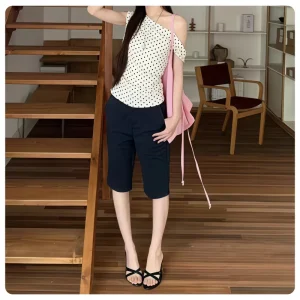 Summer Korean Style Retro Ivory Black Polka Dot Slim Fit Short-Sleeved Off-The-Shoulder T-Shirt