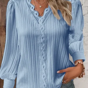 Elegant Summer Hollow Lace Patchwork Women Shirt Chic Blouse V Neck Long Sleeve Shirt Plain Lace Casual Basic Regular Tops