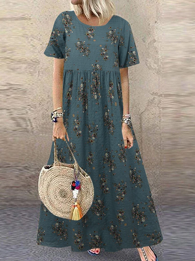 Vintage Printed Maxi Dress Women's Summer Sundress ZANZEA 2025 Casual Short Sleeve Holiday Floral Vestidos Female O Neck Robe - الصورة 18