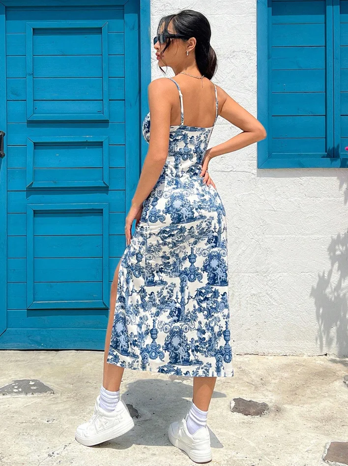 Fall 2025 Long Dress Strapless Wrap Chest High Slit Daisy Leopard Print Wrap around Skirt Maxi Dress - الصورة 2