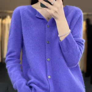 Aliselect Autumn Winter Women 100% Merino Wool Sweater O-Neck Tops Long Sleeve Basic Cashmere Knitwear Cardigan Clothing Coat