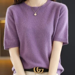 Spring and Summer New Short-sleeved Women O-neck Slim Wool Cotton Blend Pullover Vest T-shirt Knitted Base Sweater