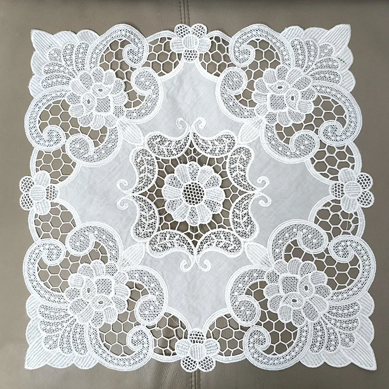Beautiful Floral Table Cloth White Lace Embroidery Flower 30/40cm Square Table Mat Home Decoration