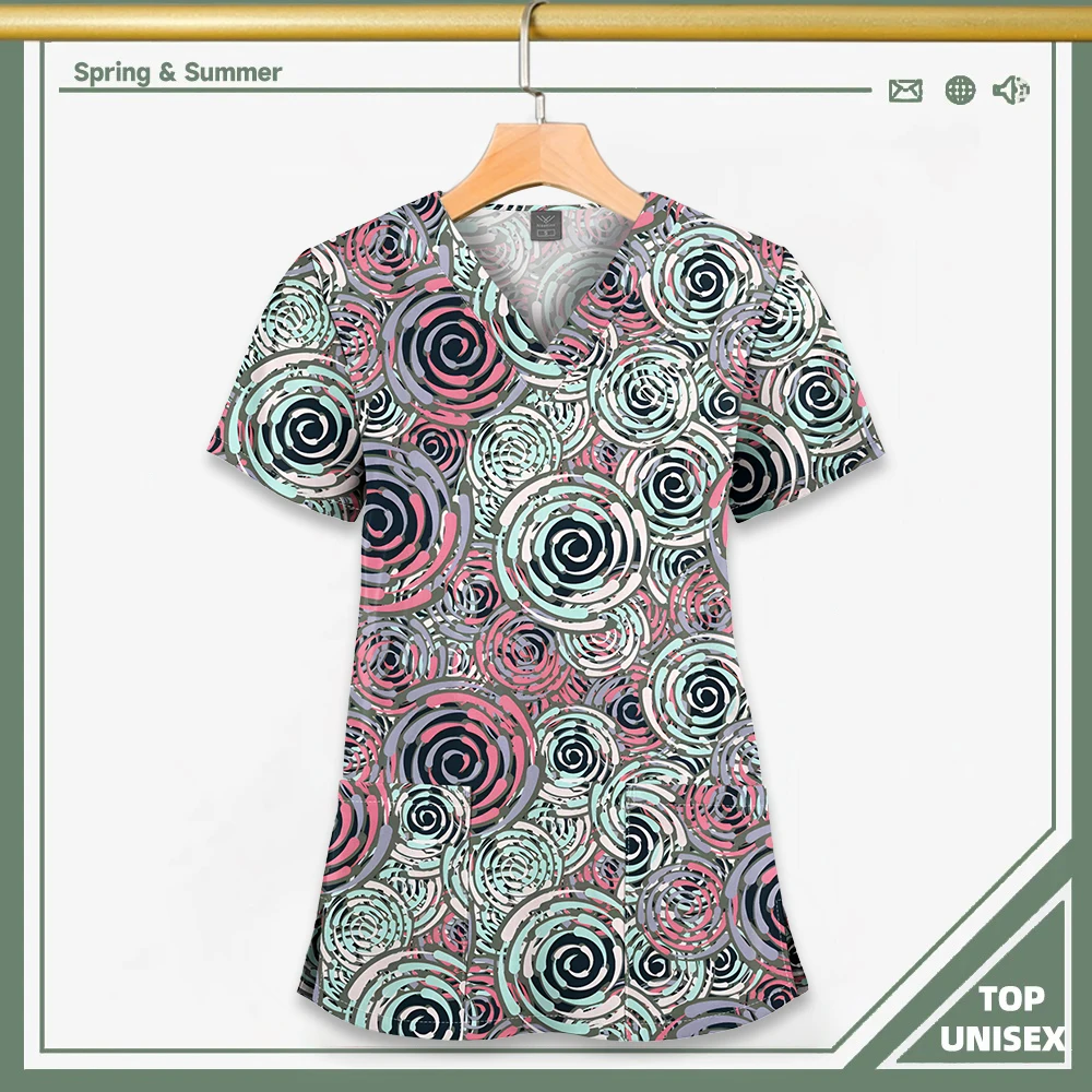 Surgical Uniform Printing Holiday Beautiful Shirt V-neck Style Pocket Design Blouse Surgical Top Woman Men Nurse Medical Uniform - الصورة 19