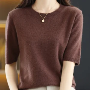 New Short-sleeved Knitwear Women O-neck T-shirt Wool Cotton Blend Pullover Vest Sprig Summer Bottoming Tops Sweater Solid Soft