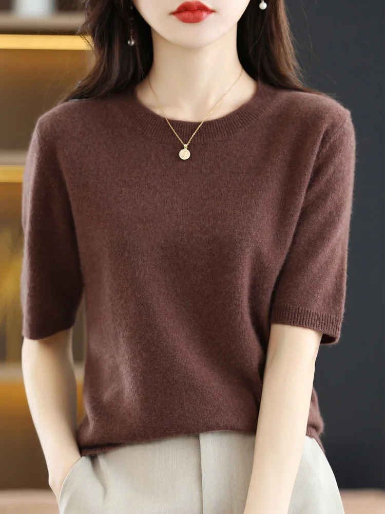 New Short-sleeved Knitwear Women O-neck T-shirt Wool Cotton Blend Pullover Vest Sprig Summer Bottoming Tops Sweater Solid Soft - Image 24