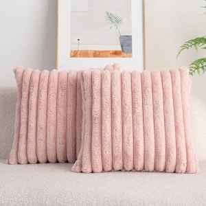 Faux Rabbit Fur Square Cushion Cover Big Thick Striped Super Soft Solid Color Pillow Cover 24×24inch Sofa Decor Cushion Covers