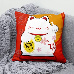 Lucky Cat Japanese Style Sofa Bed Decorative Pillow Cover Home Decor Mount Fuji Art Cushion