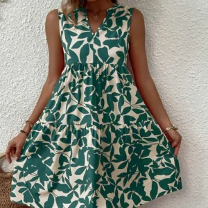 Women Boho Print Mini Dress Summer Elegant Sleeveless V Neck Ruffle A Line Tank Dress Casual Loose Oversize Beach Party Sundress