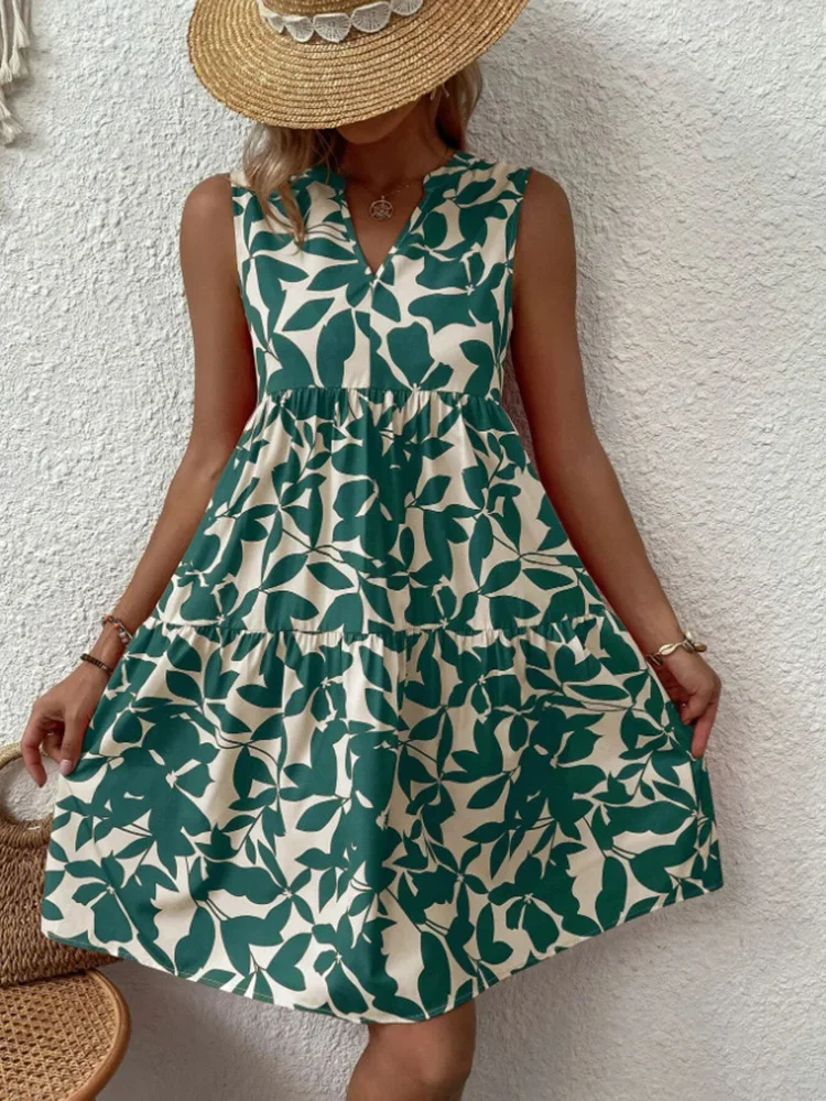 Women Boho Print Mini Dress Summer Elegant Sleeveless V Neck Ruffle A Line Tank Dress Casual Loose Oversize Beach Party Sundress - الصورة 9