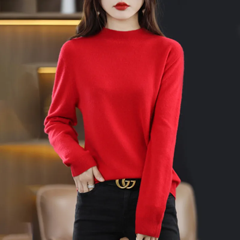 Half High Solid Color Cashmere Sweater For Women Loose Pullover Autumn and Winter Contracted Commuter Basic Knitwear Top Base - الصورة 18