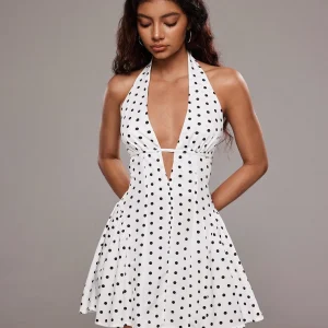 Ladies' summer sexy polka dot print backless hanging neck mini dress