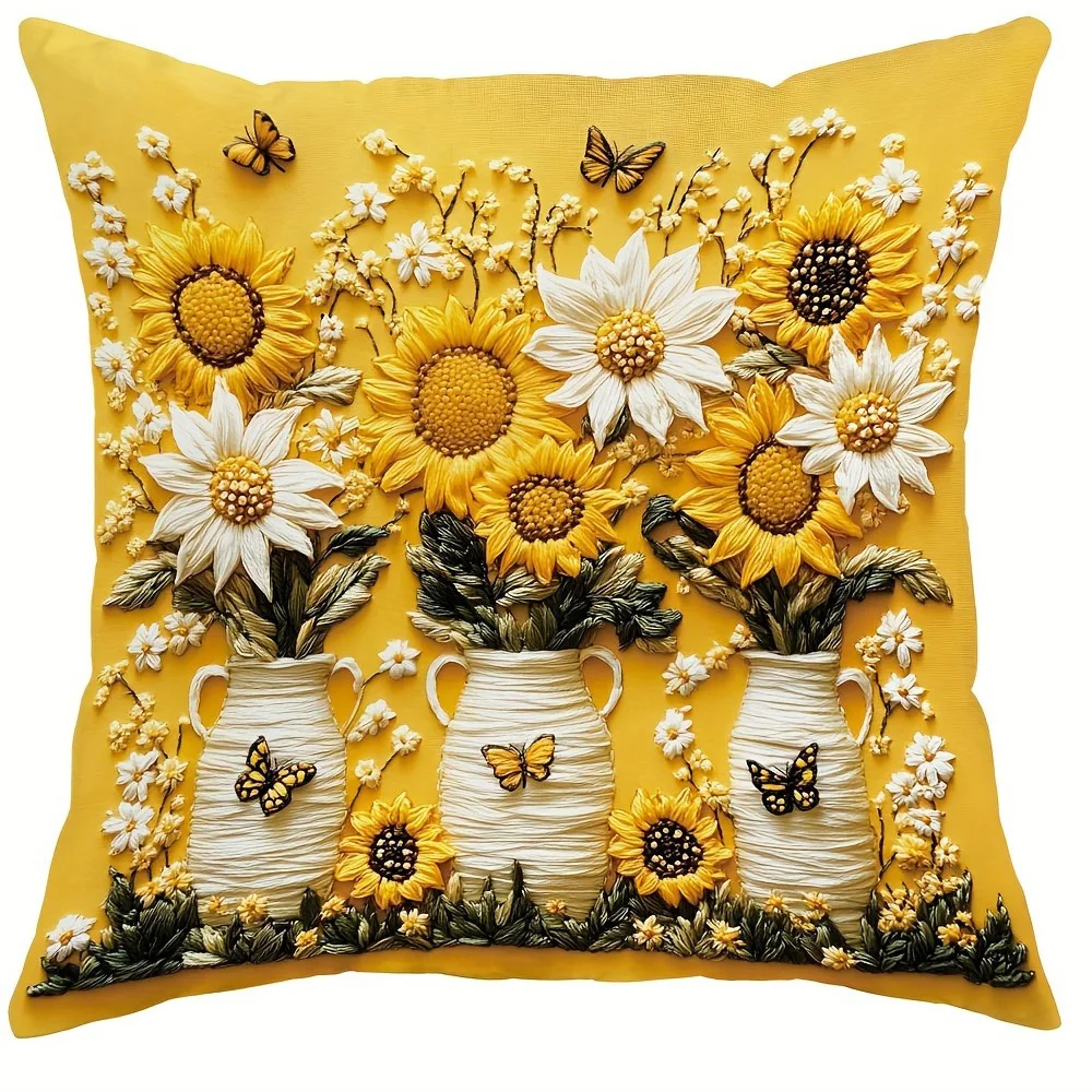 Floral Pillow Covers with Sunflowers, Daisies, Bees, and Butterflies Sofa cushion cover home room decoration 2D flat printing - Image 8