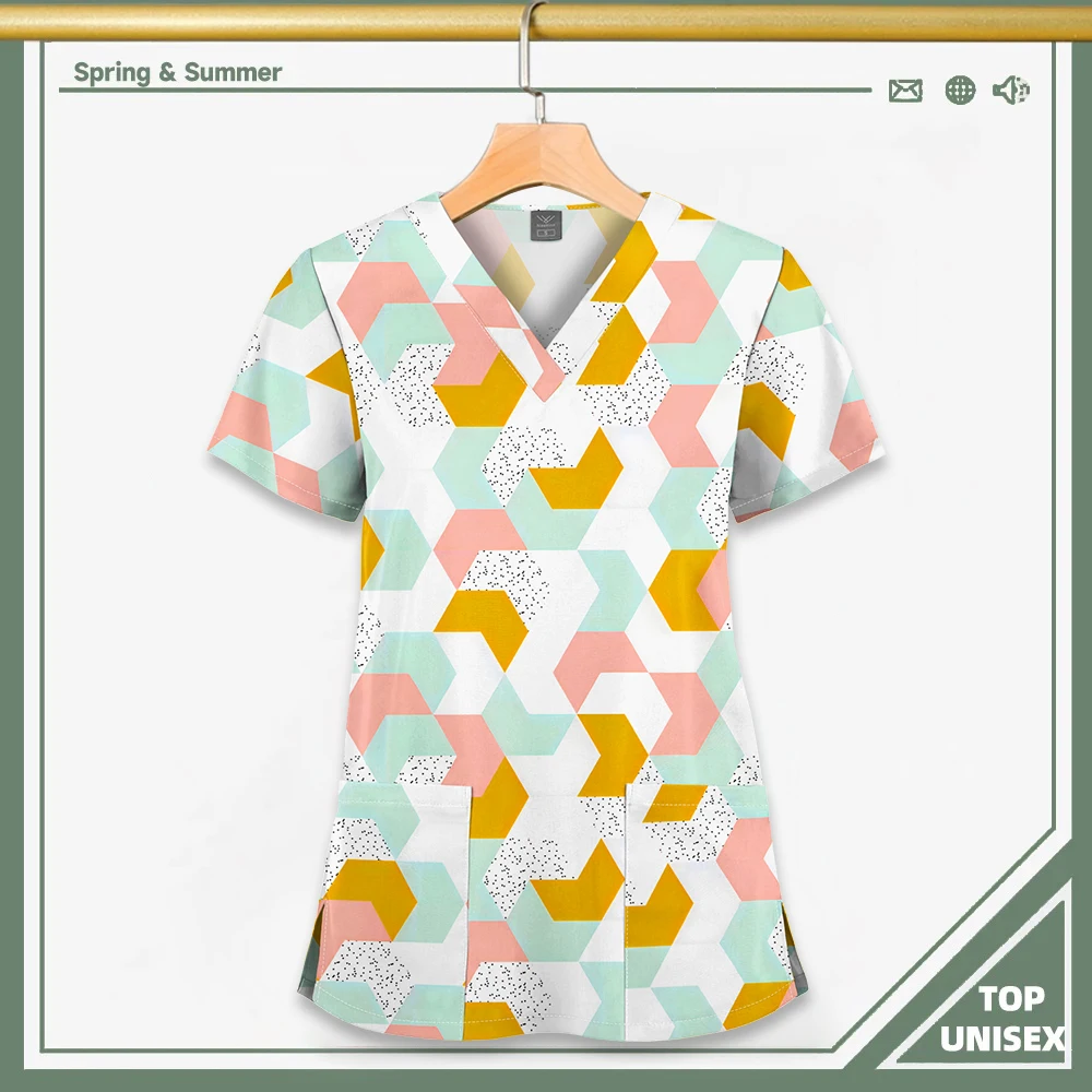 Surgical Uniform Printing Holiday Beautiful Shirt V-neck Style Pocket Design Blouse Surgical Top Woman Men Nurse Medical Uniform - الصورة 5
