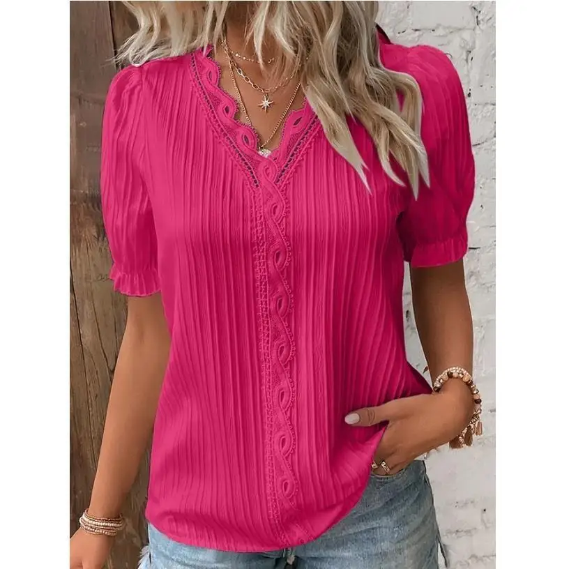 Elegant Women Blouse Shirt V Neck Lace Patchwork Short Sleeve Shirts For Women Summer Lady Tops - الصورة 2