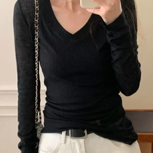 Women Long Sleeve T Shirt Thin Perspective Summer Solid Slim Casual Shirts Female Pullovers Basic Tee Y2k Clothes Streetwear Top